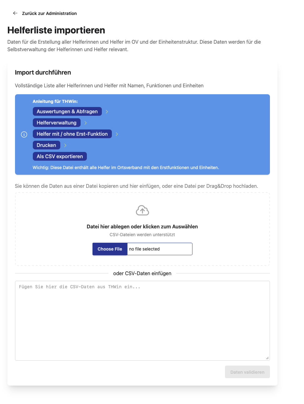 Auswahl der Daten für den Import