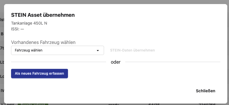 Dialog: STEIN Asset übernehmen – Optionen