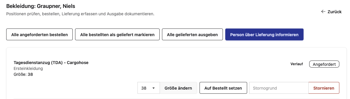 Screenshot der personenbezogenen Bearbeitung mit Statusaktionen