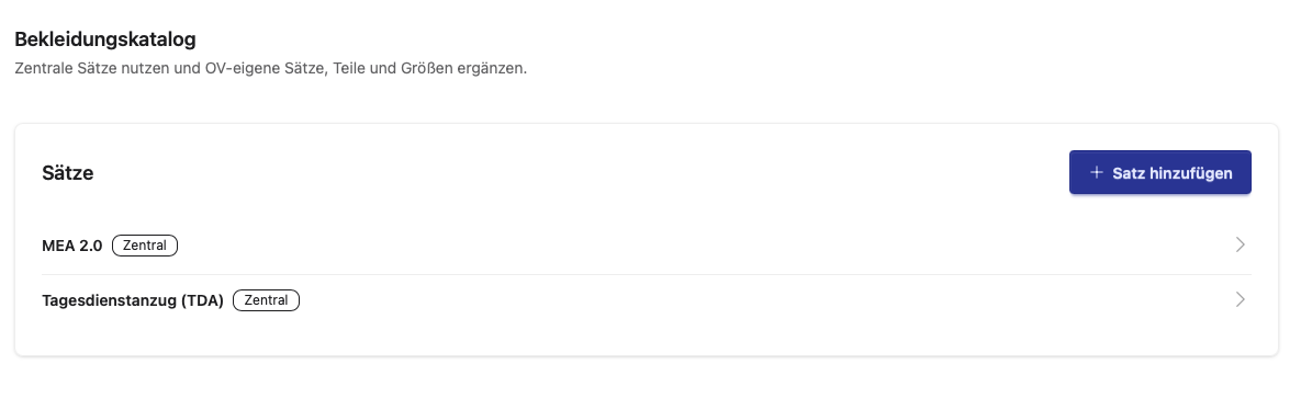 Screenshot der Katalogübersicht mit zentralen und dienststelleneigenen Sätzen