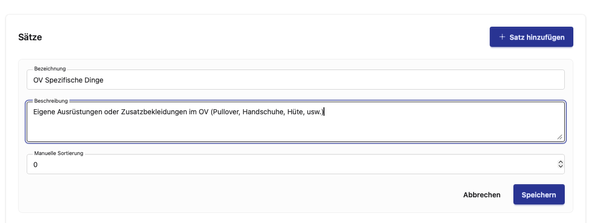 Screenshot des Formulars **Satz hinzufügen**