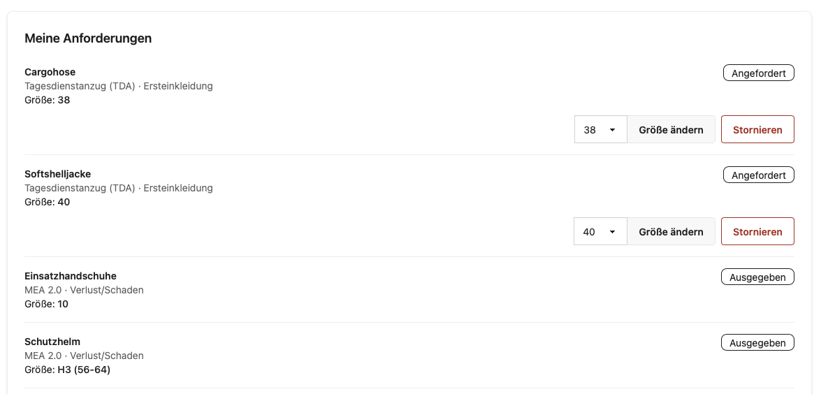 Screenshot des Bereichs **Meine Anforderungen** mit Status und Aktionen