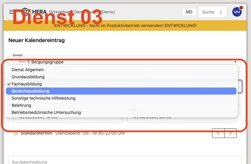 Kalender: Dienst erstellen 