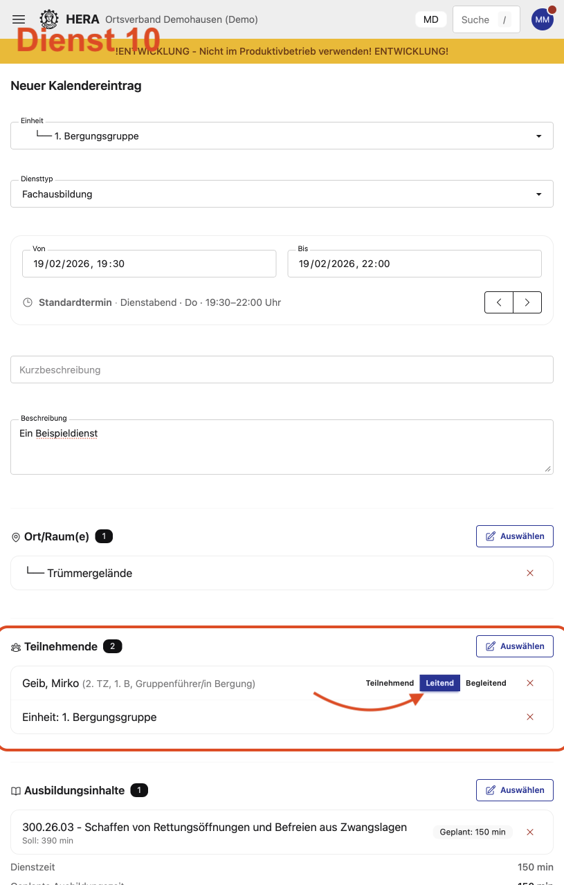 Kalender: Dienst erstellen