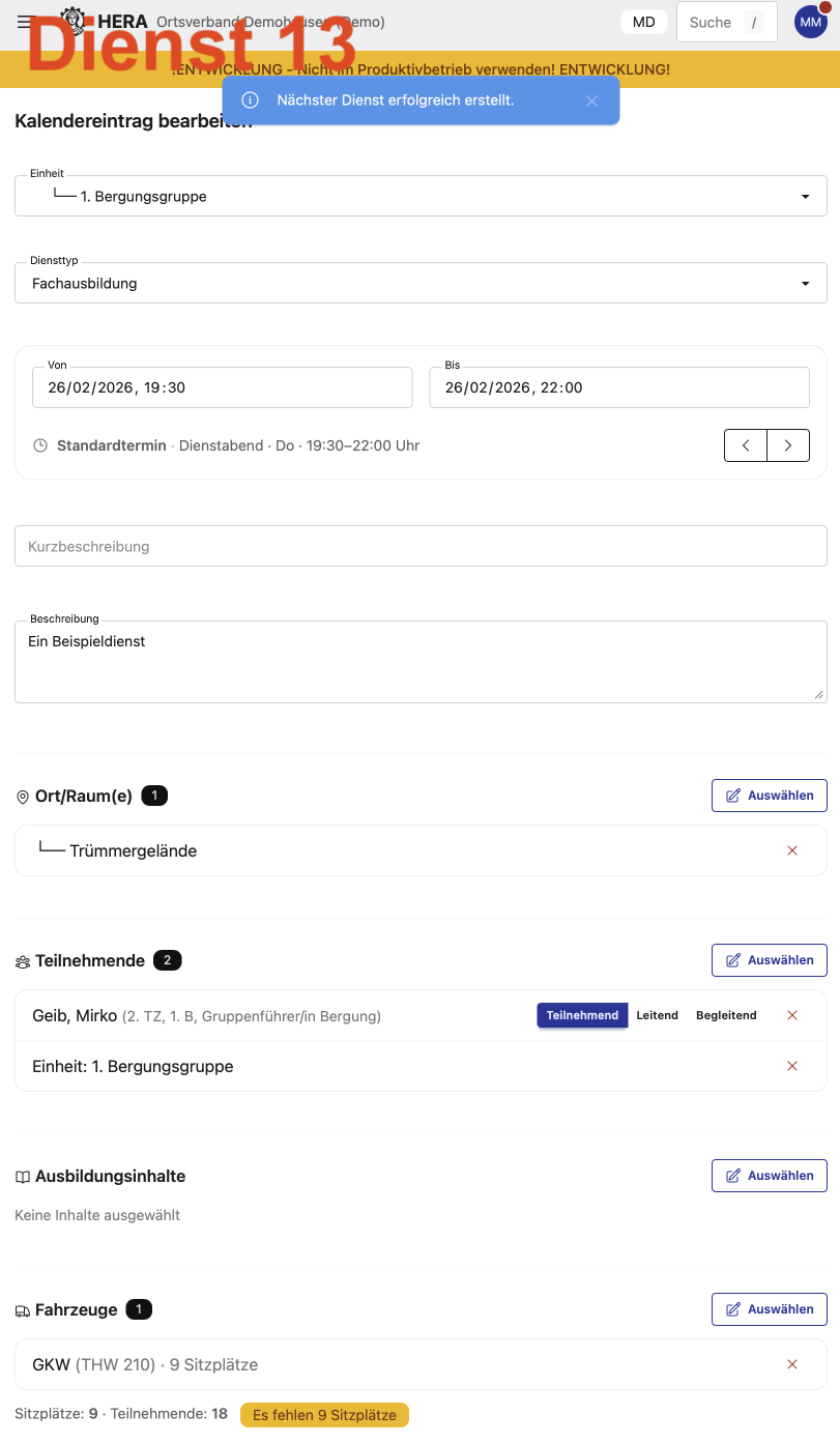 Kalender: Dienst erstellen