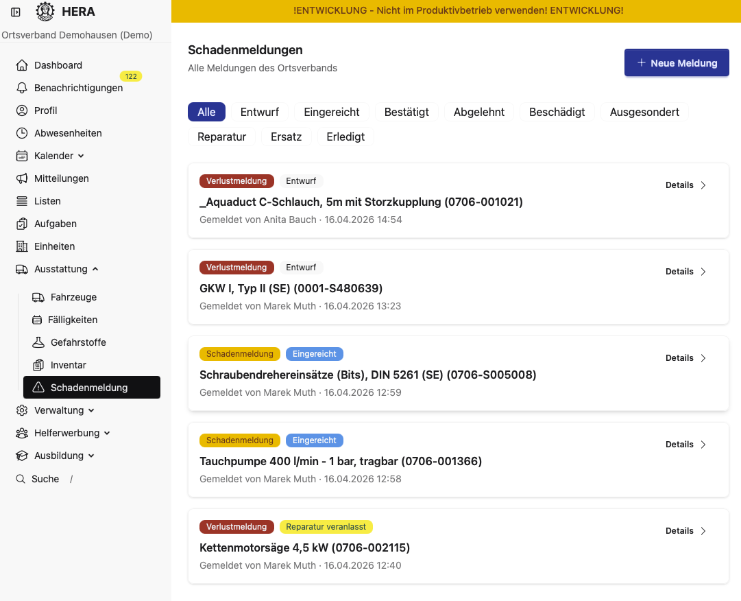 Eingereichte Schadenmeldungen