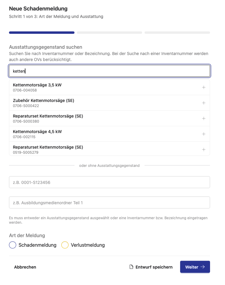 Eingereichte Schadenmeldungen