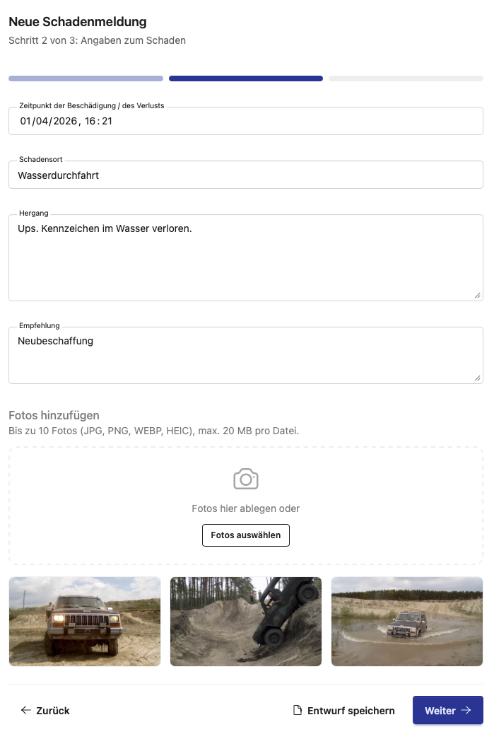 Eingereichte Schadenmeldungen