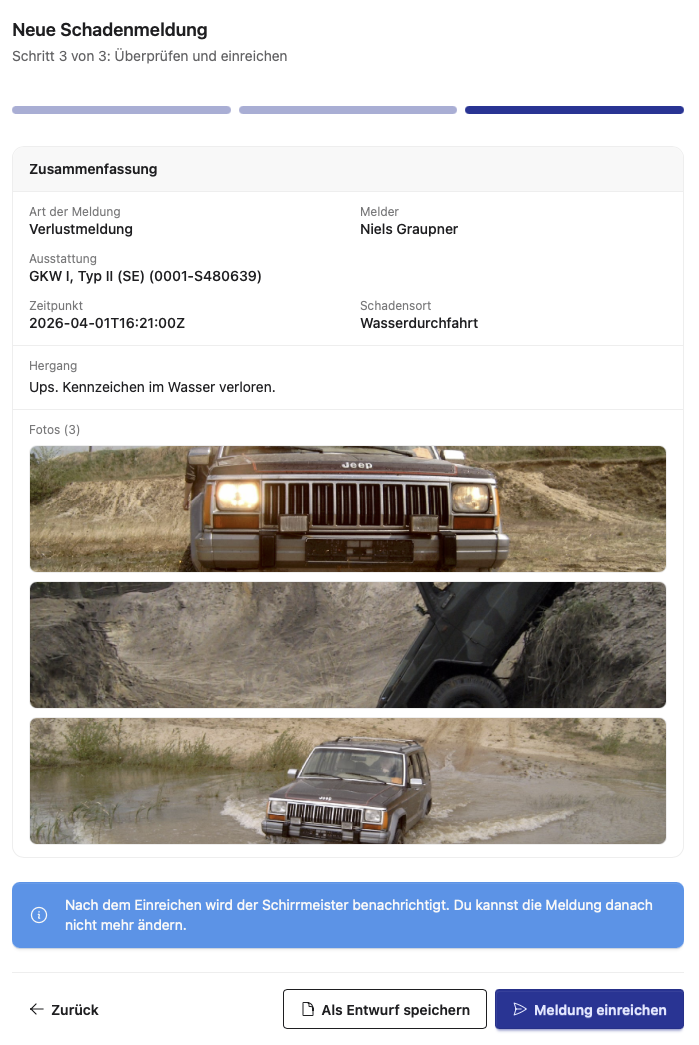 Eingereichte Schadenmeldungen